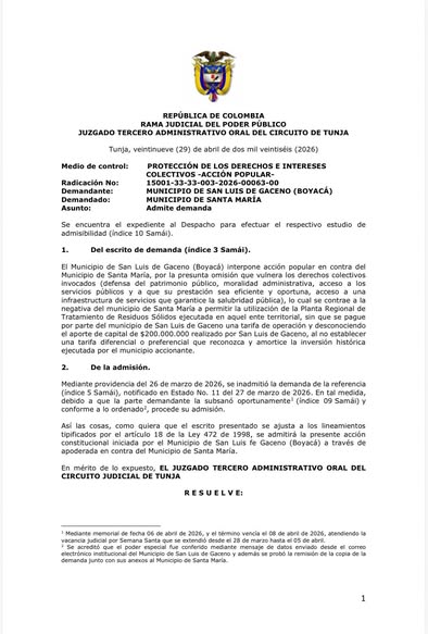 Juzgado admite acción popular de San Luis de Gaceno contra Santa María por la planta de residuos