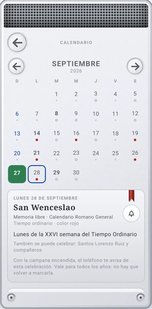 Calendario litúrgico de la app La Voz de San Luis con los colores de cada día y la ficha de la celebración