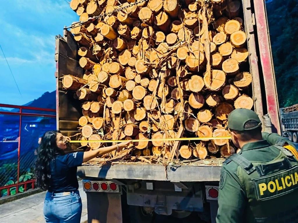 Funcionaria de Corpochivor y policía miden un cargamento de madera en un control forestal, entre las breves de marzo de 2026 en San Luis de Gaceno