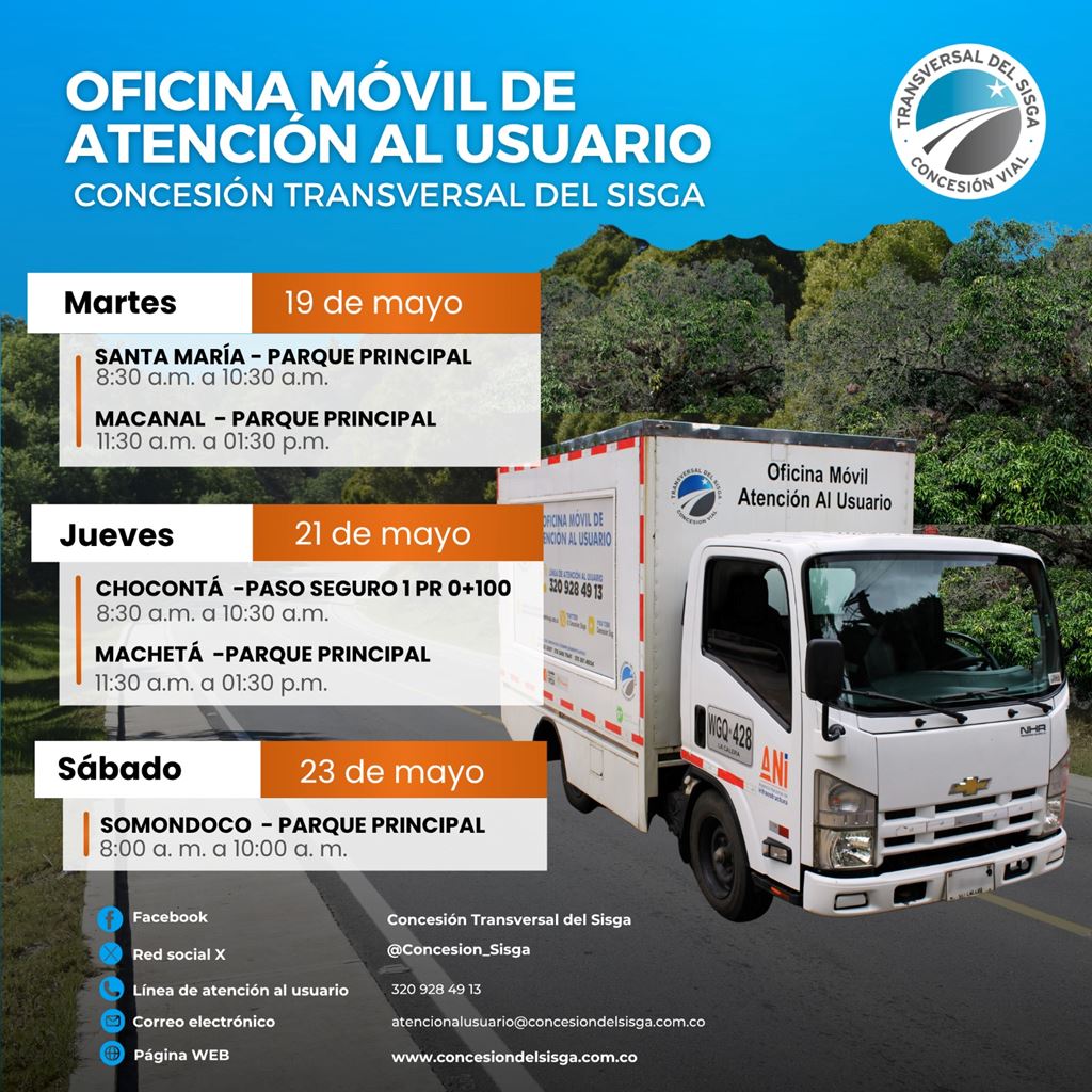 Afiche con la programación de la oficina móvil de atención al usuario de la Concesión Transversal del Sisga en mayo de 2026