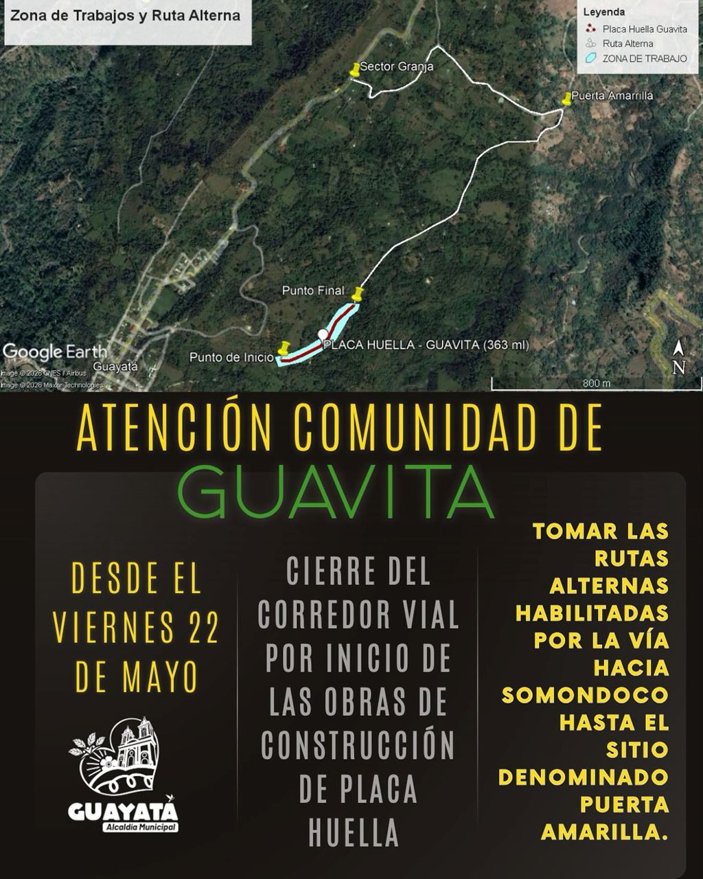 Mapa del cierre vial en la vereda Guavita de Guayatá por obras de placa huella y su ruta alterna