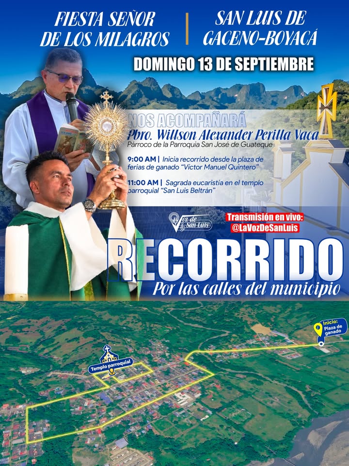 Afiche de la fiesta del Señor de los Milagros en San Luis de Gaceno con el mapa del recorrido