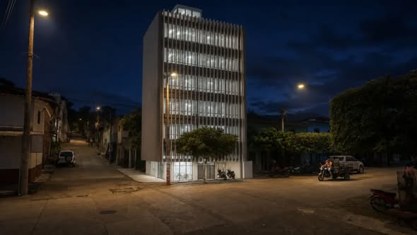 Vista nocturna del proyecto del Centro Administrativo Municipal de San Luis de Gaceno