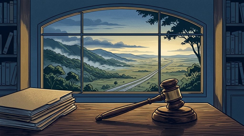Ilustración de un mazo de juez y carpetas junto a una ventana con una carretera del piedemonte, sobre el caso de media tonelada de cocaína en un carrotanque en Casanare