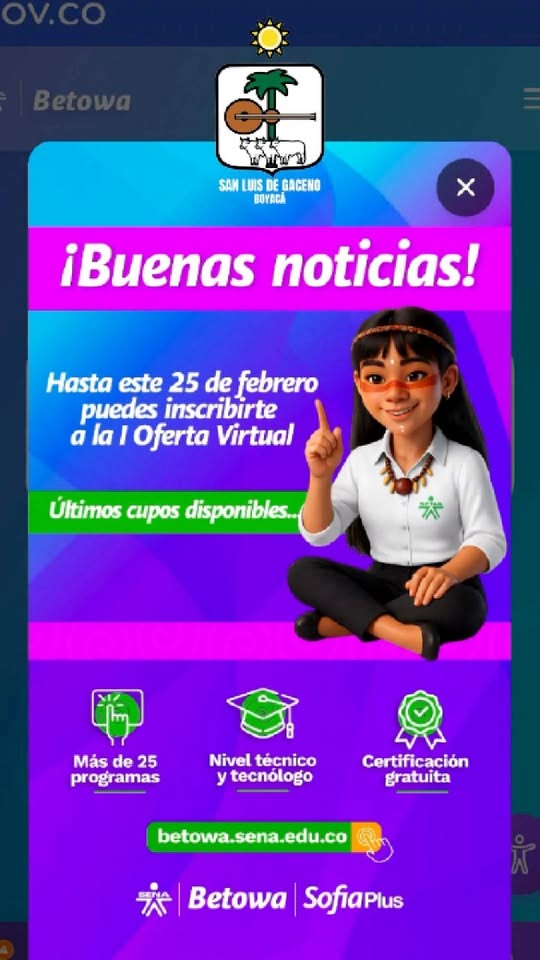 Afiche de la primera oferta virtual del SENA para San Luis de Gaceno, con inscripciones hasta el 25 de febrero