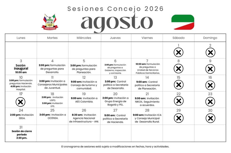 Cronograma de sesiones de agosto de 2026 del Concejo de San Luis de Gaceno