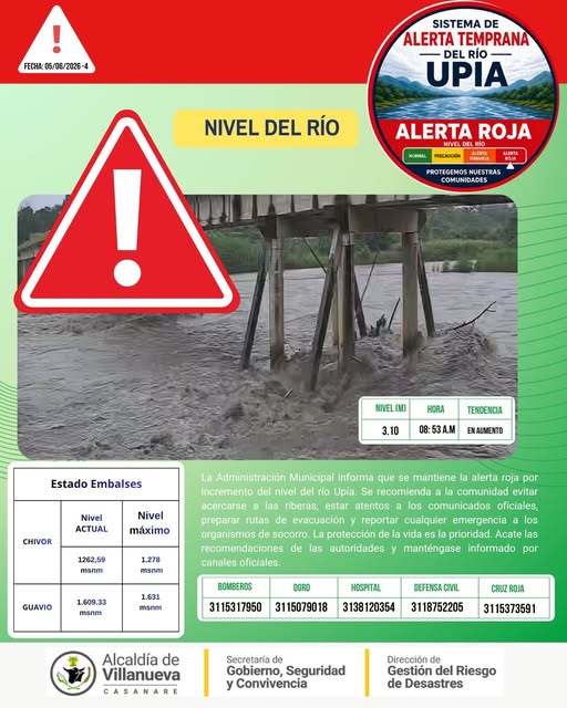 Pieza de la Alcaldía de Villanueva con la alerta roja del río Upía y el nivel de 3,10 metros