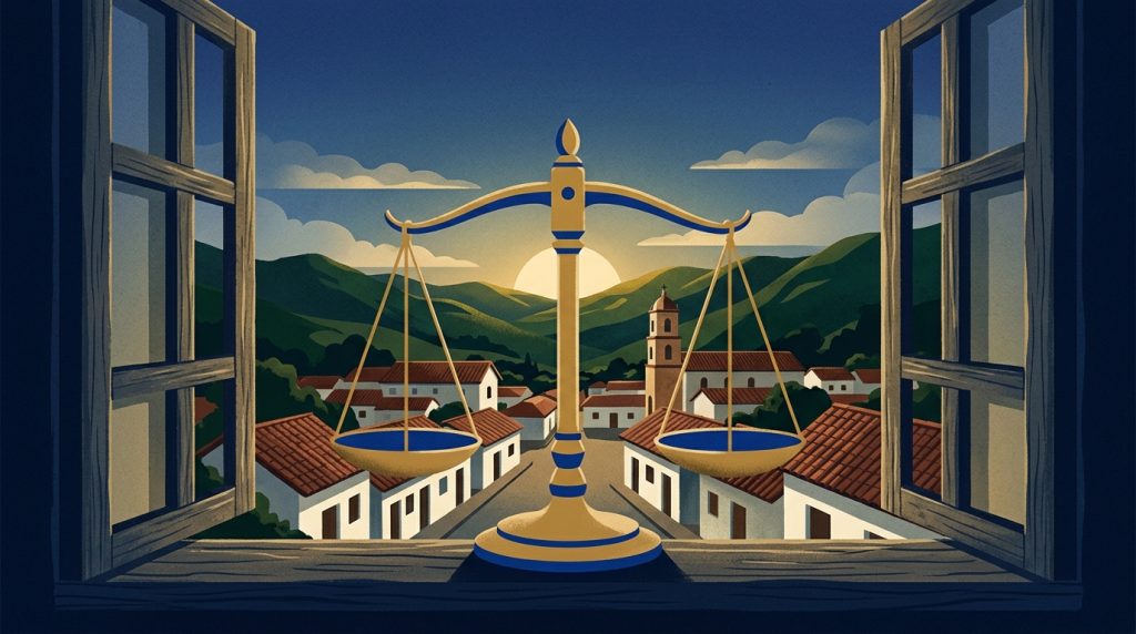 Ilustración de una balanza de la justicia frente a un pueblo andino, en referencia a la riña entre hermanos en San Luis de Gaceno