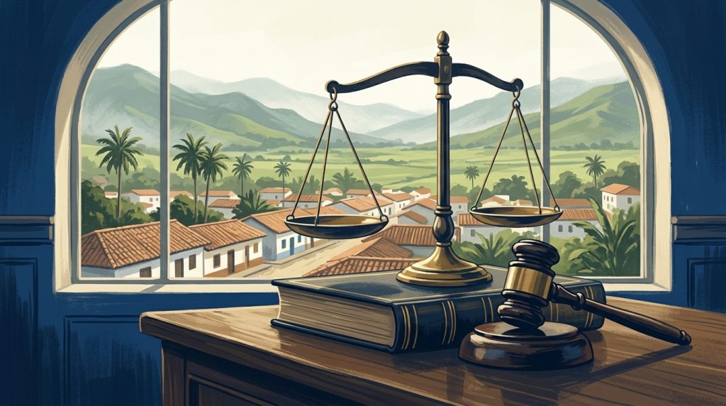 Ilustración de una balanza de la justicia y un mazo de juez frente a una ventana con vista a un pueblo del piedemonte, en referencia al homicidio en Villanueva