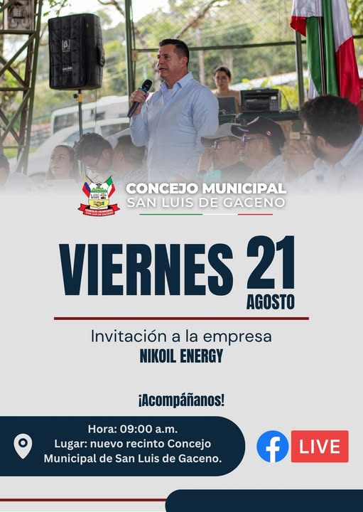 Afiche del Concejo de San Luis de Gaceno que invita a la sesión con Nikoil Energy del 21 de agosto a las 9:00 a. m.