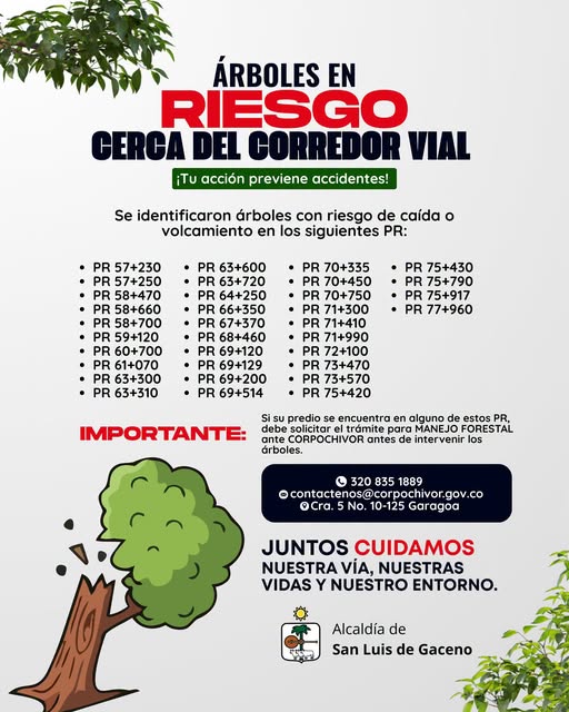 Afiche de la Alcaldía de San Luis de Gaceno con los PR donde hay árboles en riesgo cerca del corredor vial