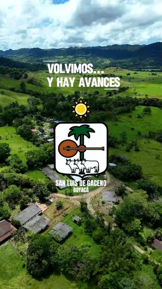 Vista aérea de una zona rural de San Luis de Gaceno con el escudo del municipio, del video sobre la vía San Carlos del Guavio