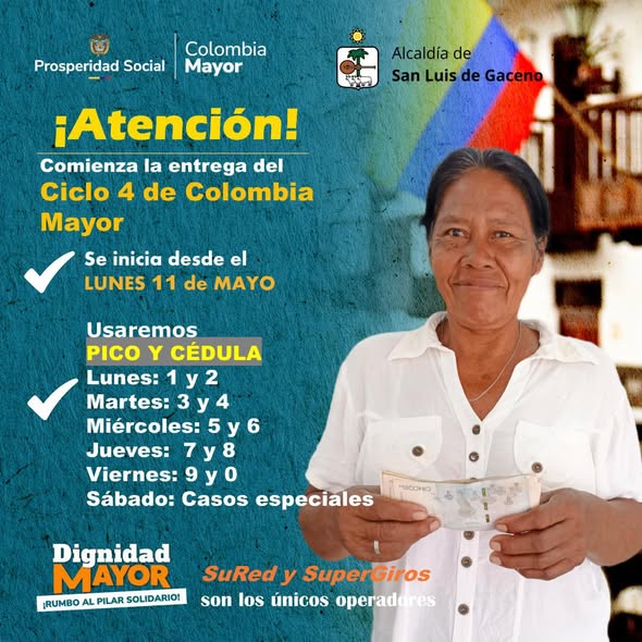 Pico y cédula del ciclo 4 de Colombia Mayor en San Luis de Gaceno, mayo de 2026