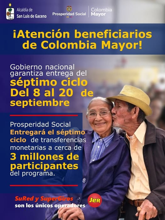 Afiche de la Alcaldía de San Luis de Gaceno y Prosperidad Social sobre el séptimo ciclo de Colombia Mayor, del 8 al 20 de septiembre
