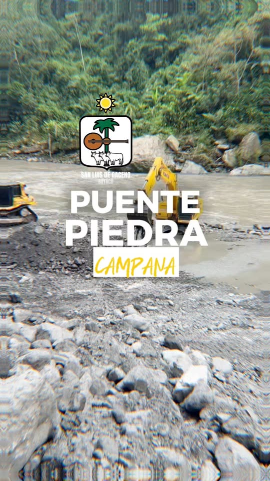 Maquinaria amarilla trabajando entre piedras y material de arrastre en el sector del puente Piedra Campana