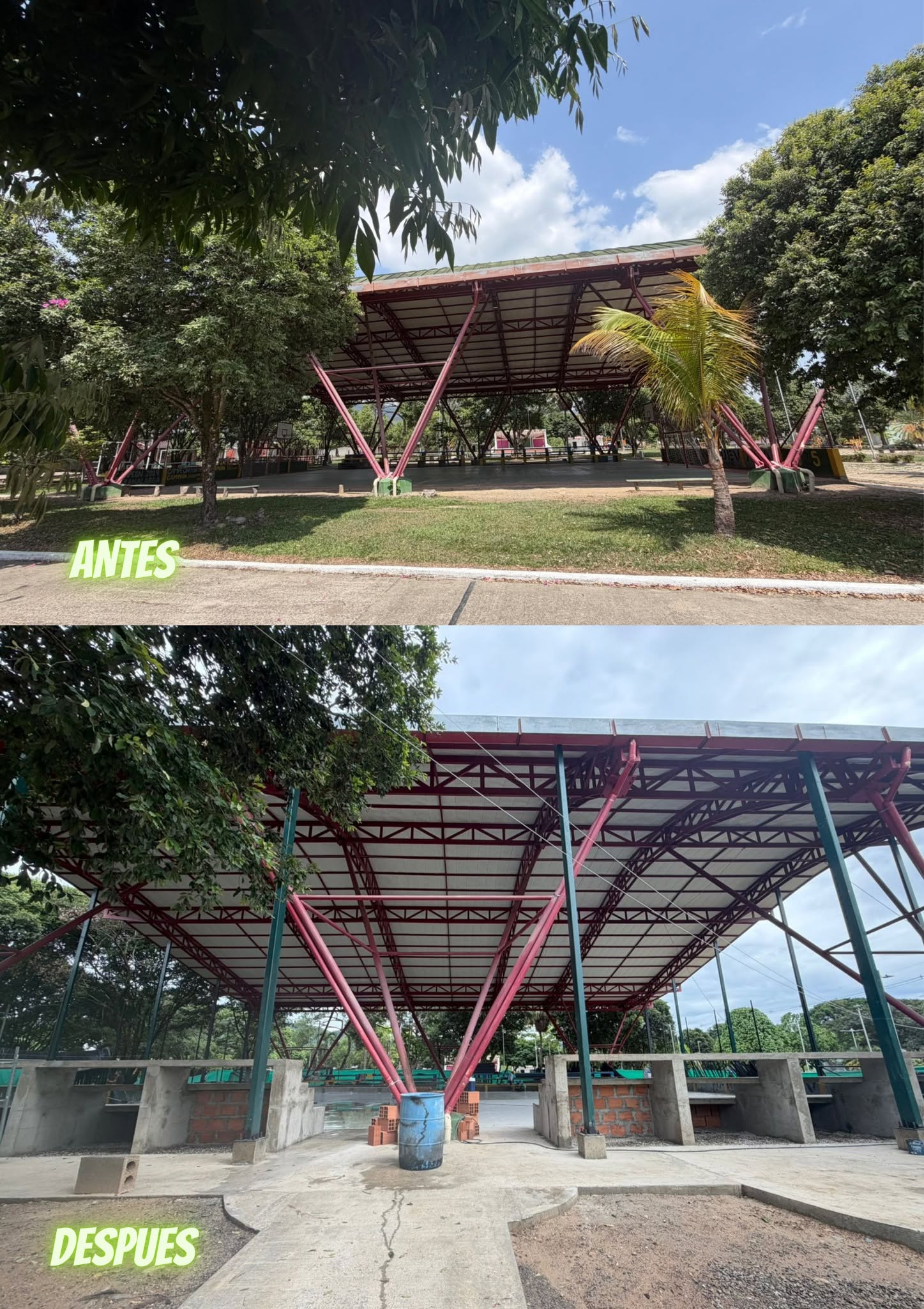 Antes y después de la cubierta del polideportivo de Aguaclara durante las obras en Sabanalarga