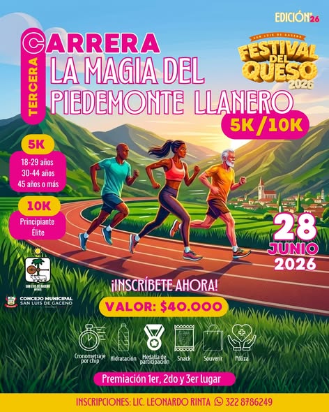 Afiche de la 3.ª Carrera La Magia del Piedemonte Llanero 5K/10K del Festival del Queso 2026