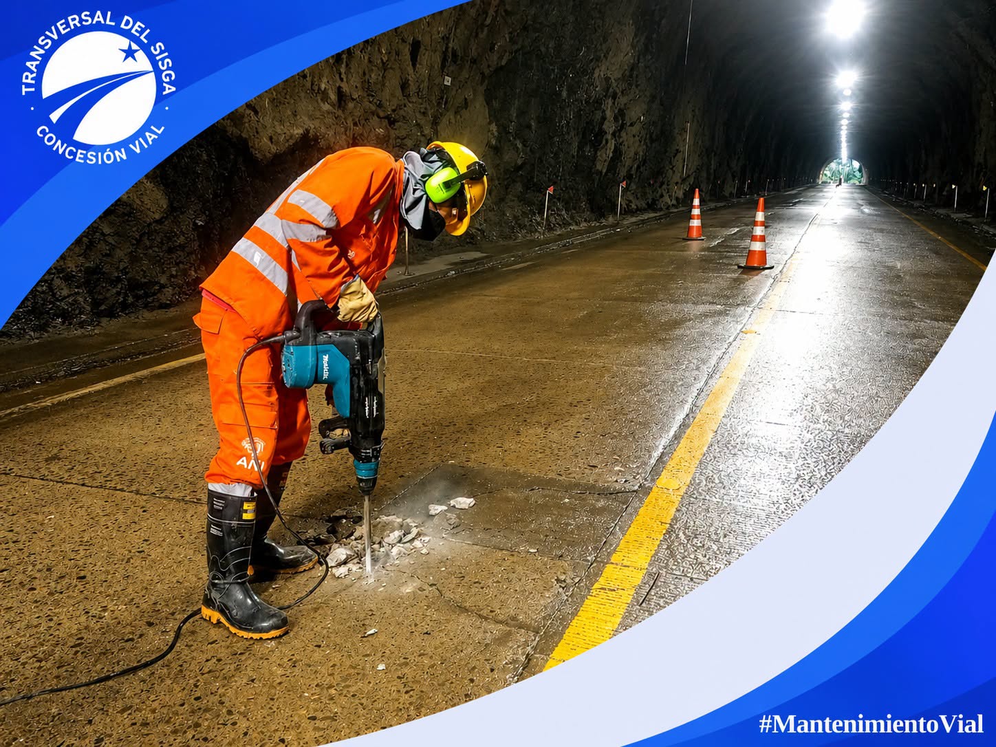 Operario repara el pavimento rígido de un túnel de la Transversal del Sisga