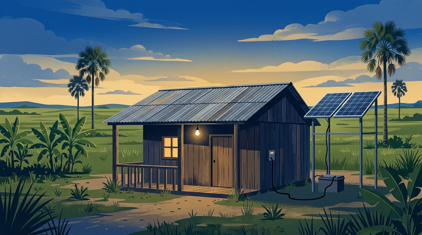 Ilustración de una vivienda rural con paneles solares, en referencia a los sistemas fotovoltaicos en San Luis de Gaceno