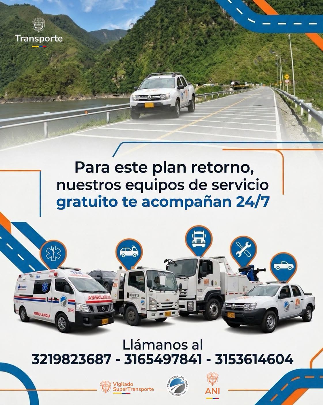 Ambulancia, grúas y camioneta de asistencia de la Concesión con las líneas de la Transversal del Sisga