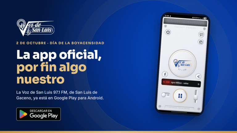 App oficial de La Voz de San Luis en Google Play: pantalla del reproductor del 97.1 FM e insignia de descarga