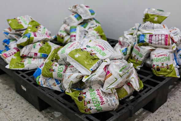 Bolsas de Bienestarina de varios sabores sobre estibas en la entrega del ICBF en San Luis de Gaceno