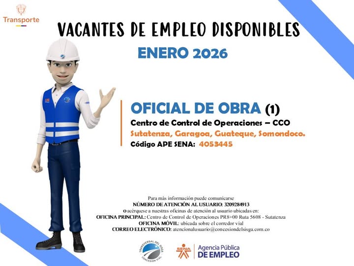 Transversal del Sisga abrió vacante de oficial de obra para su centro de control en Sutatenza