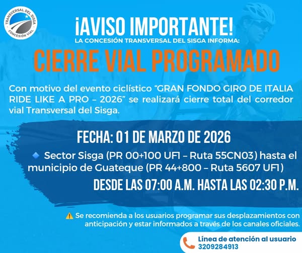 Gran Fondo Giro de Italia: Concesión programó cierre total de la Transversal del Sisga el 1 de marzo
