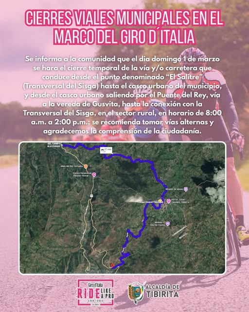 Mapa de los cierres viales de Tibirita por el Gran Fondo Giro de Italia, junto a la Transversal del Sisga