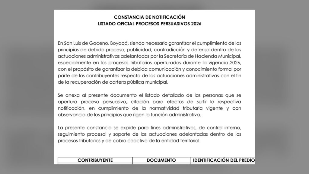 Encabezado de la constancia de notificación de los procesos persuasivos de 2026 de la Alcaldía de San Luis de Gaceno
