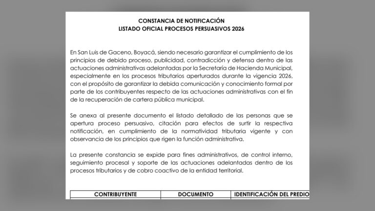 Encabezado de la constancia de notificación de los procesos persuasivos de 2026 de la Alcaldía de San Luis de Gaceno