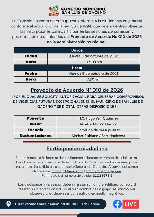 Afiche del Concejo de San Luis de Gaceno con la inscripción para participar en el debate del Proyecto de Acuerdo 010 de 2026