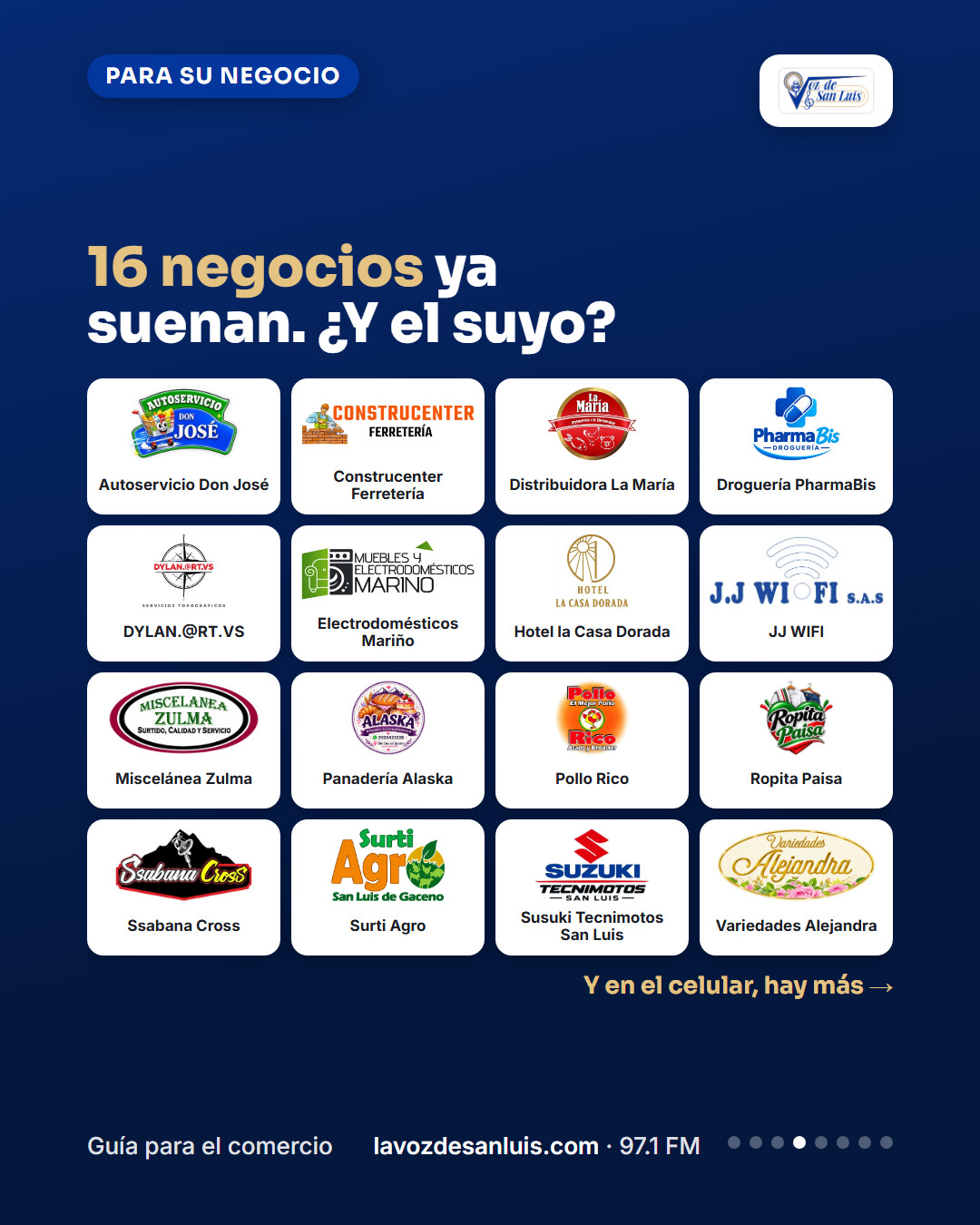 Logos y nombres de los 16 negocios de San Luis de Gaceno que patrocinan La Voz de San Luis