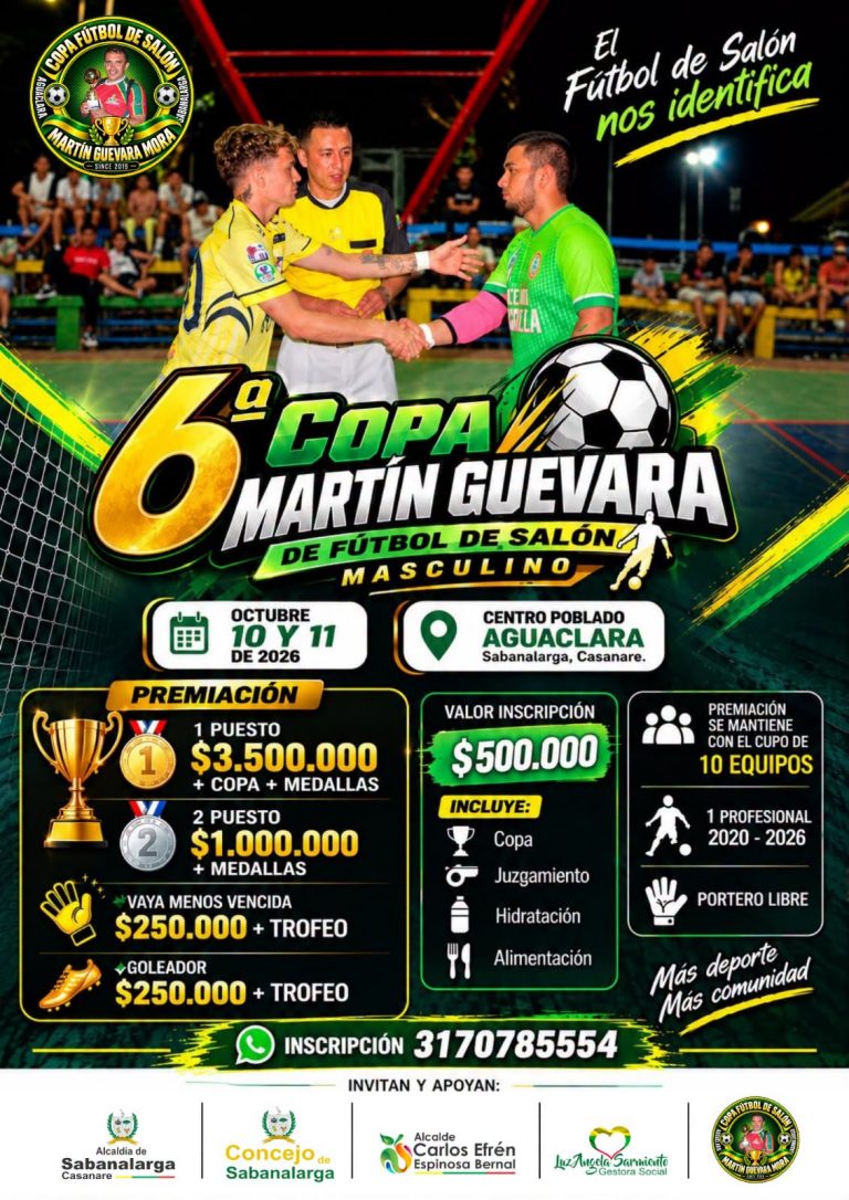 Afiche de la 6.ª Copa Martín Guevara de fútbol de salón masculino en Aguaclara, 10 y 11 de octubre de 2026