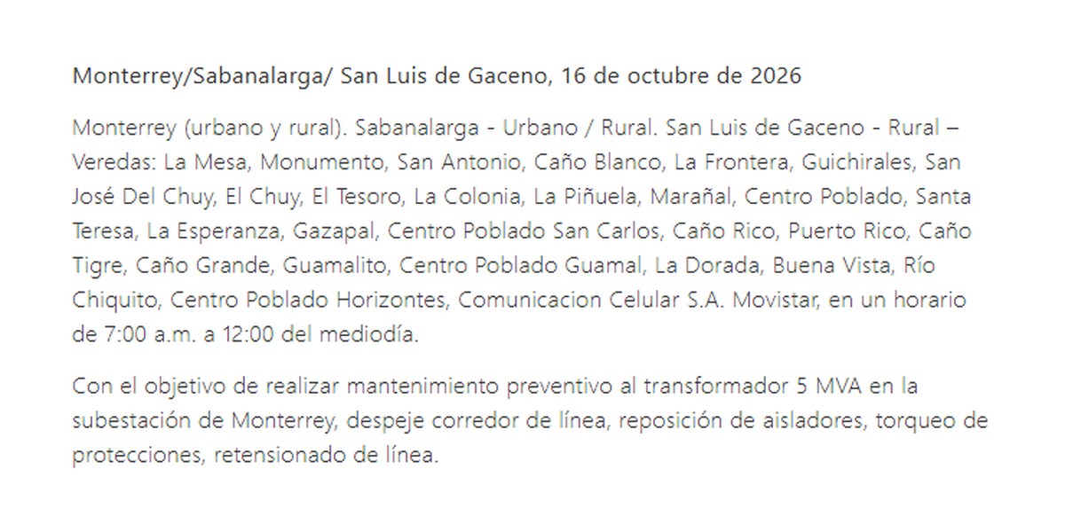 Programación de Enerca para el viernes 16 de octubre con las veredas de San Luis de Gaceno sin luz