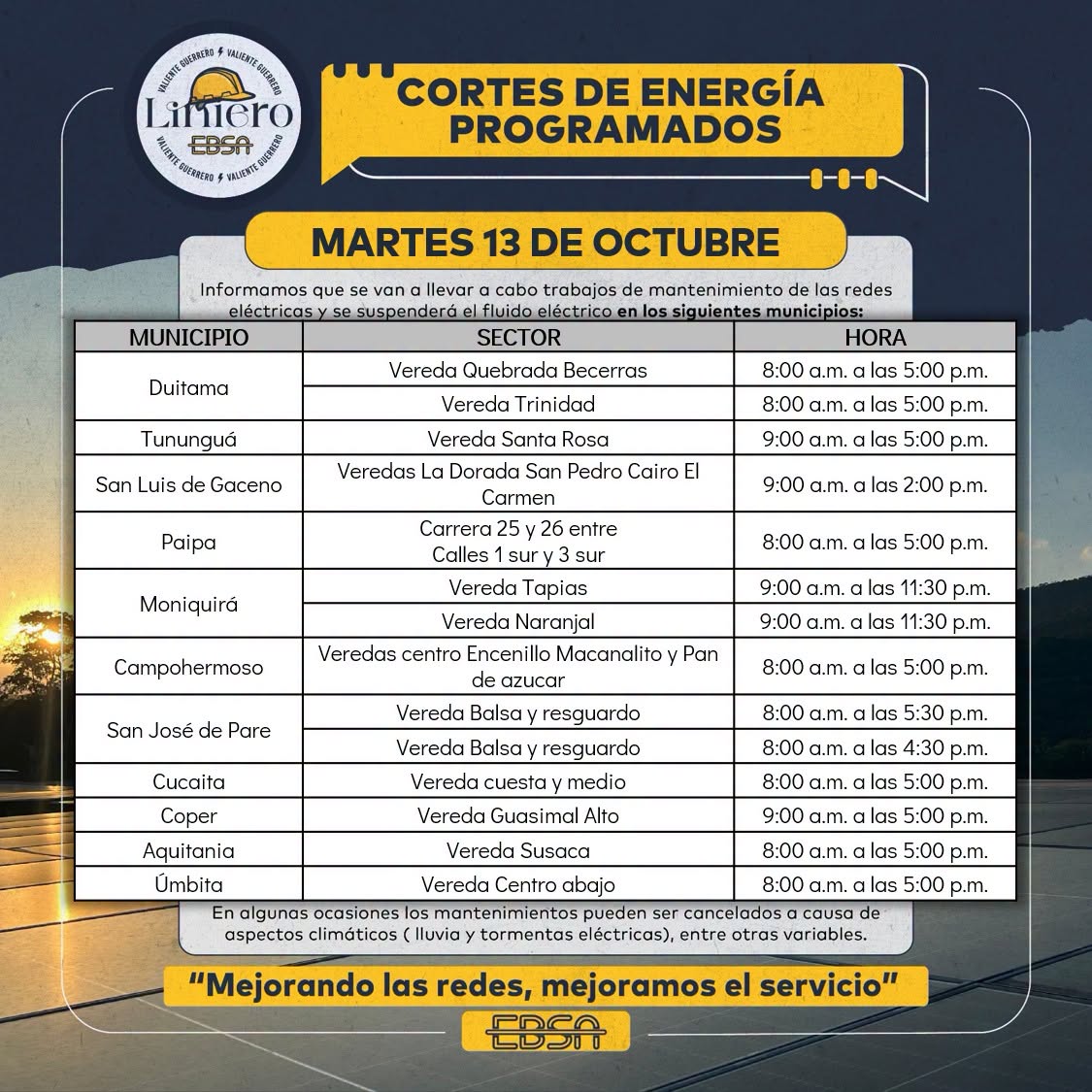 Aviso de EBSA con los cortes de energía programados del martes 13 de octubre en municipios de Boyacá