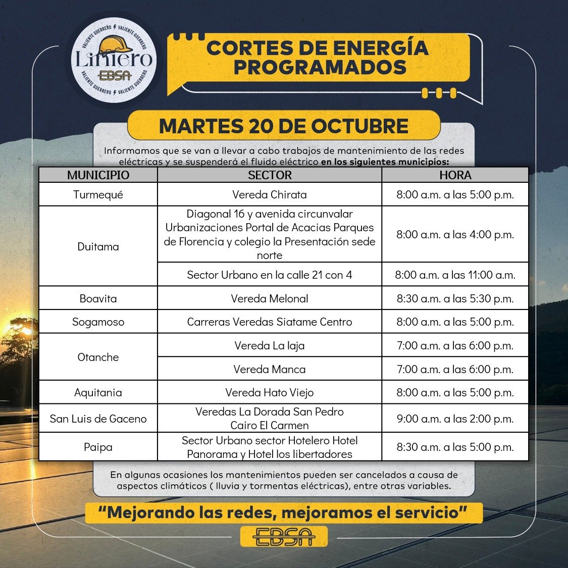 Afiche de EBSA con los cortes de energía programados del martes 20 de octubre