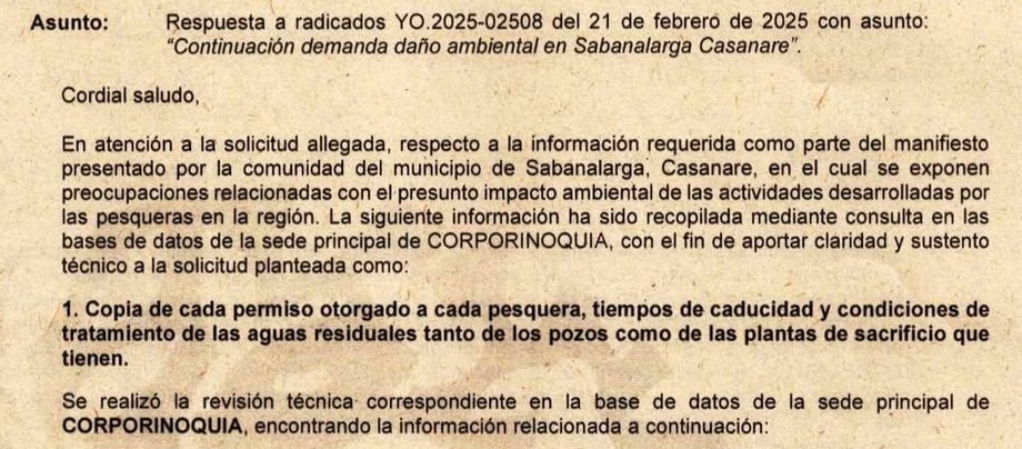 Apartes de la respuesta de Corporinoquia sobre las pesqueras en Sabanalarga, Casanare