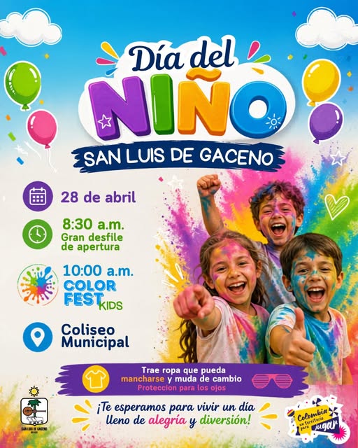 Afiche de la Alcaldía con la programación del Día del Niño en San Luis de Gaceno: desfile y Color Fest Kids