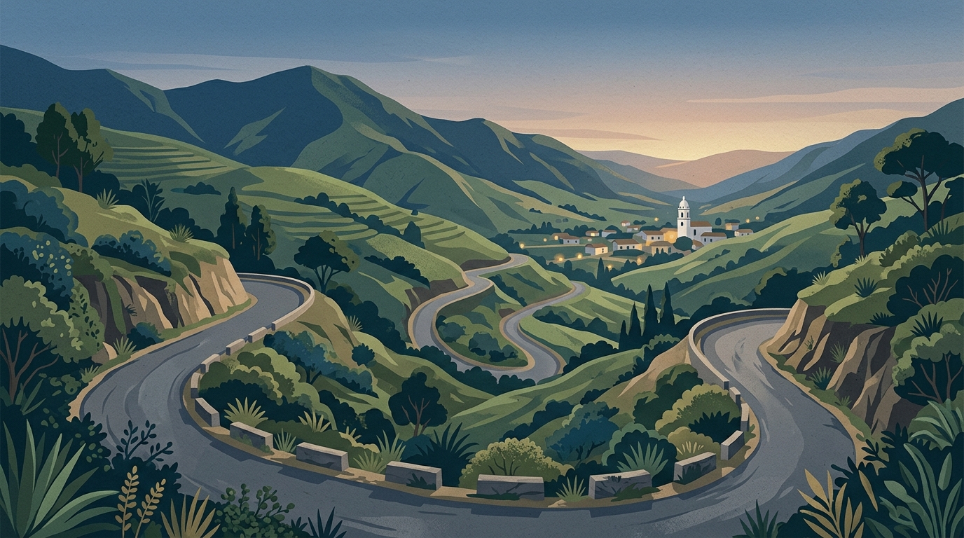 Ilustración de una carretera de montaña al atardecer hacia un pueblo con iglesia, en referencia al traslado a San Luis de Gaceno