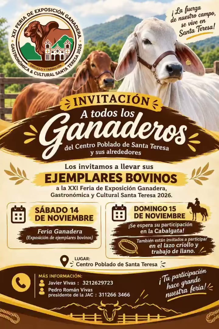 Invitación a los ganaderos a la feria ganadera de Santa Teresa: exposición bovina el sábado 14 y cabalgata el domingo 15 de noviembre