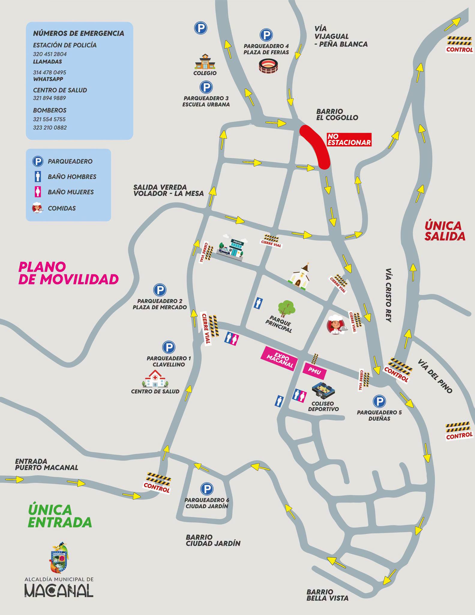 Plano de movilidad del festival con parqueaderos, cierres viales, baños, comidas y números de emergencia