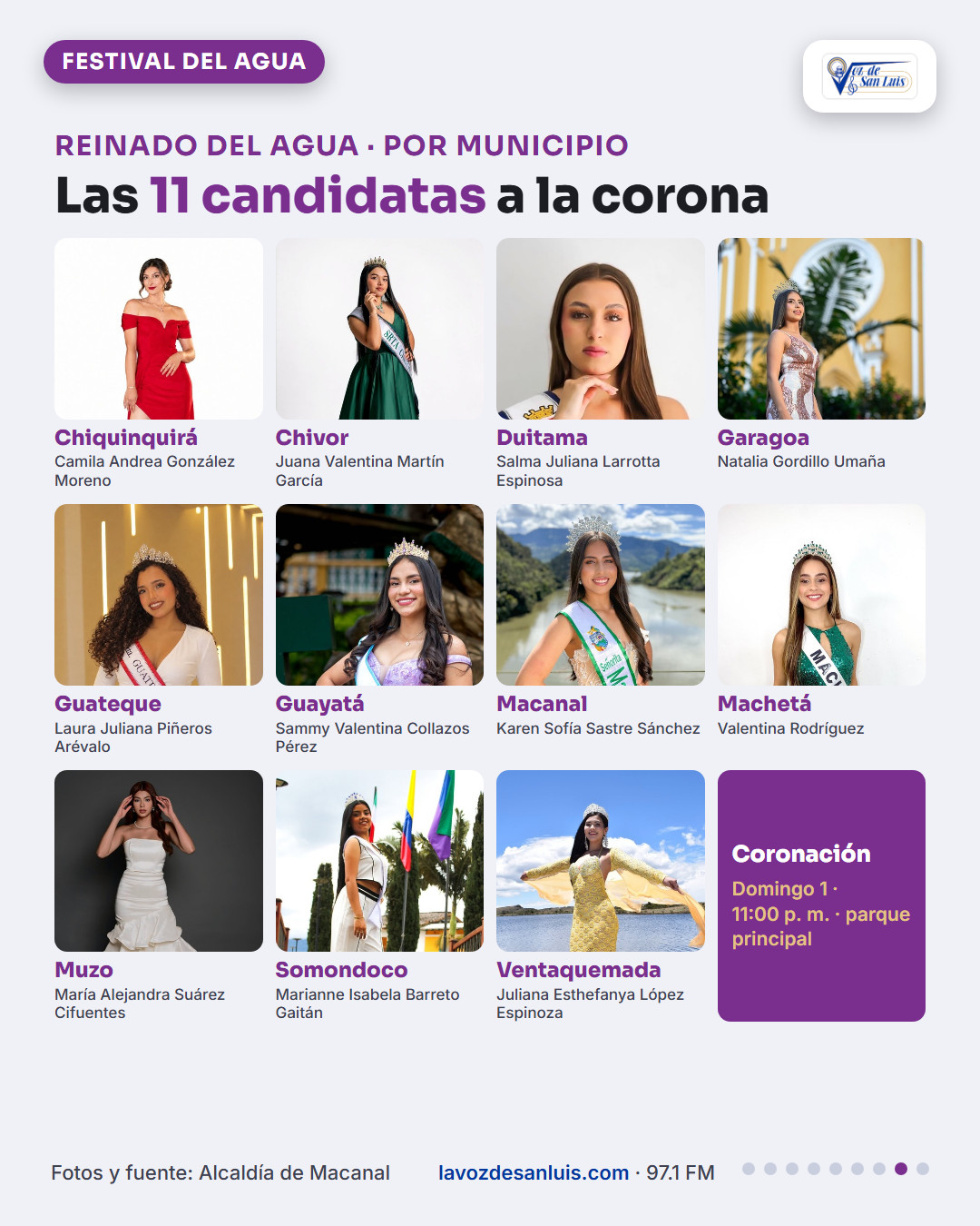 Las 11 candidatas del Reinado del Agua de Macanal 2026 por municipio y la hora de la coronación