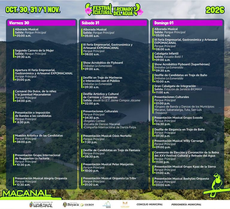 Programación del 25.° Festival y Reinado del Agua de Macanal, del 30 de octubre al 1 de noviembre de 2026