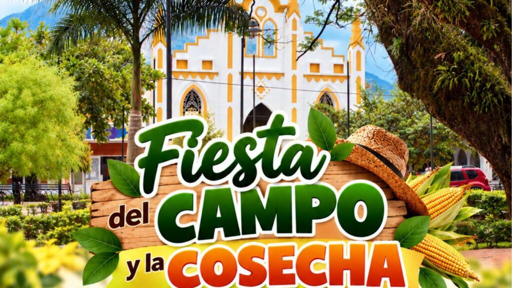 Afiche de la Fiesta del Campo y la Cosecha de Sabanalarga con la iglesia del pueblo al fondo