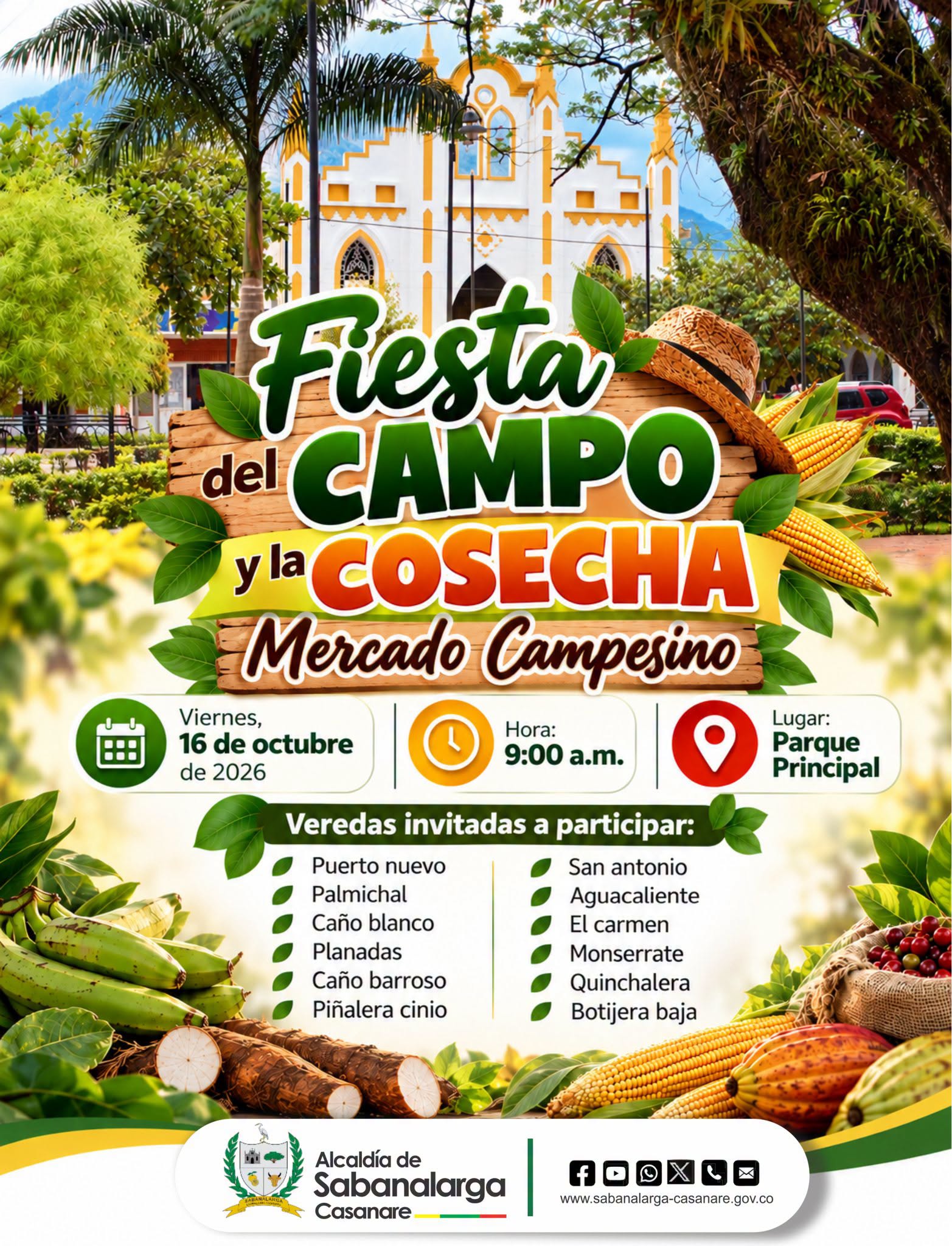 Afiche completo de la Fiesta del Campo y la Cosecha: viernes 16 de octubre, 9:00 a. m., parque principal, y las 12 veredas invitadas