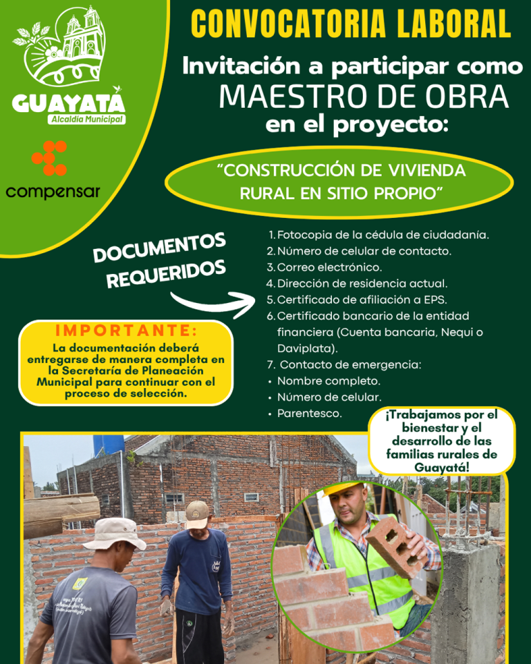 Guayatá y Compensar abrieron convocatoria para maestro de construcción de vivienda rural