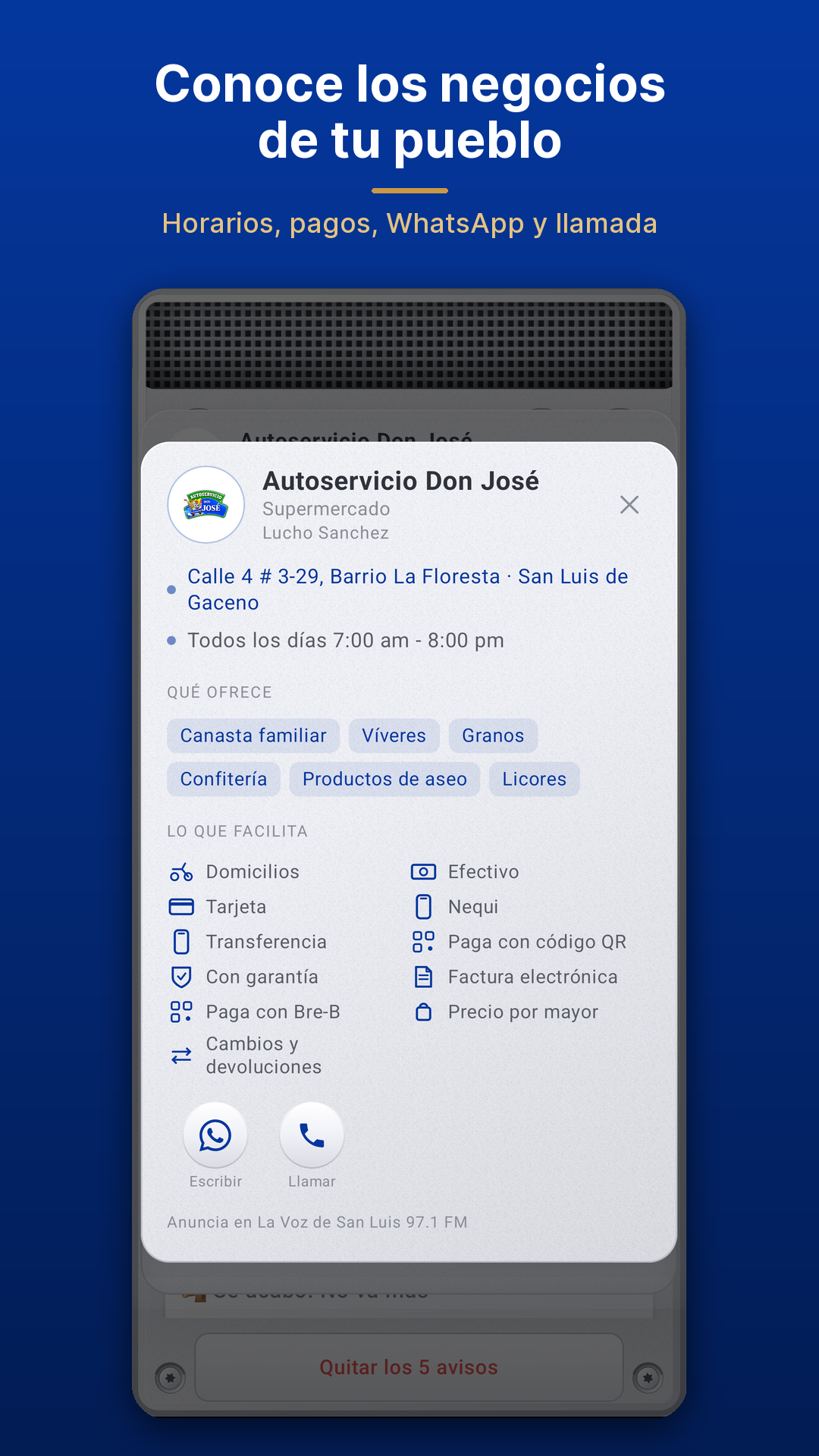 Ficha de un negocio en la app La Voz de San Luis