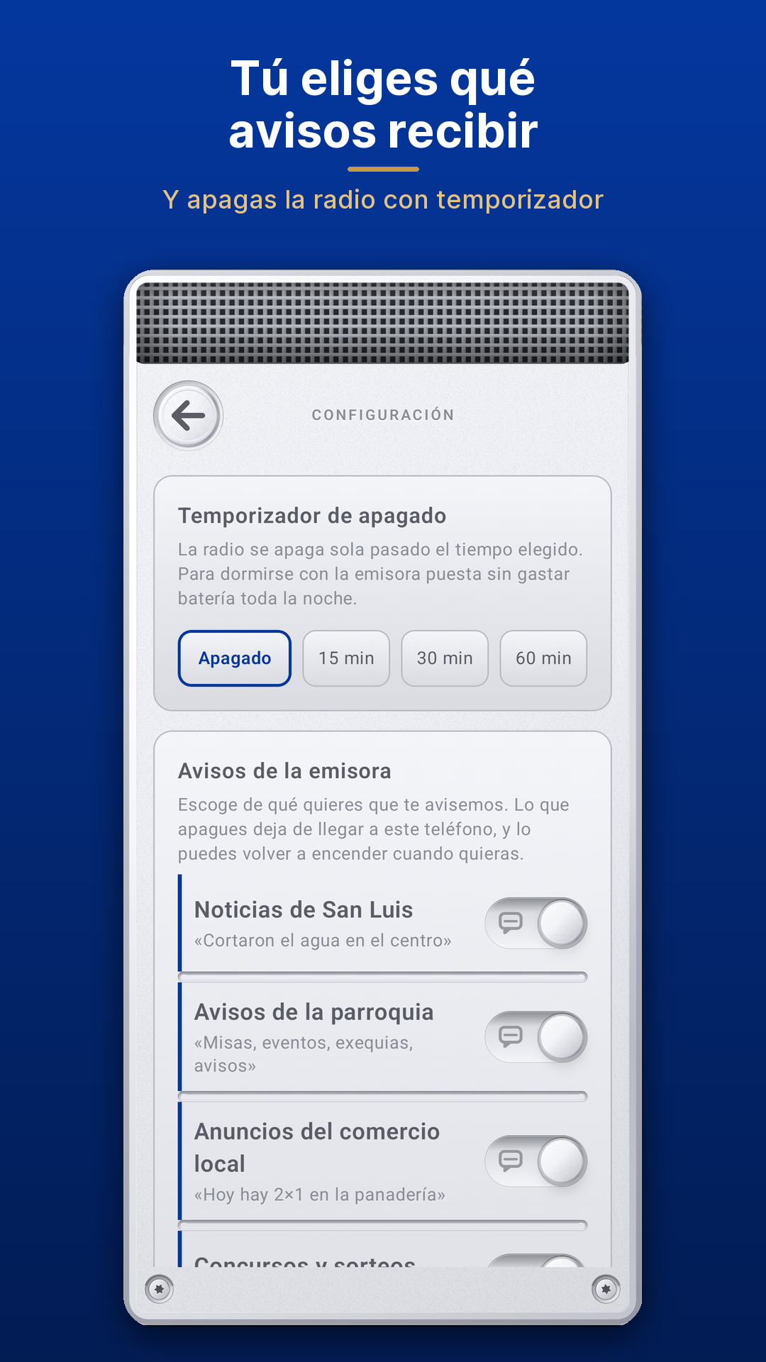 Configuración para elegir qué avisos recibir en la app