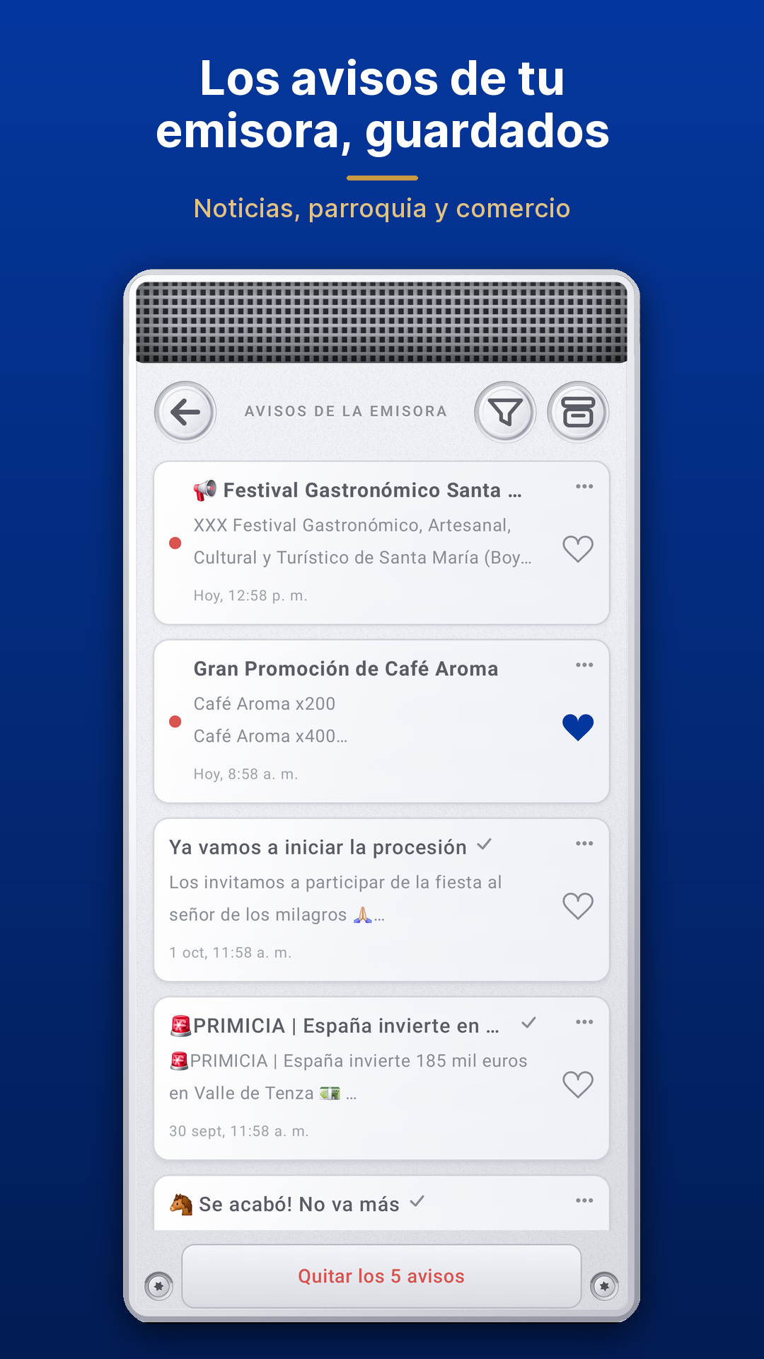 Historial de avisos de la emisora en la app